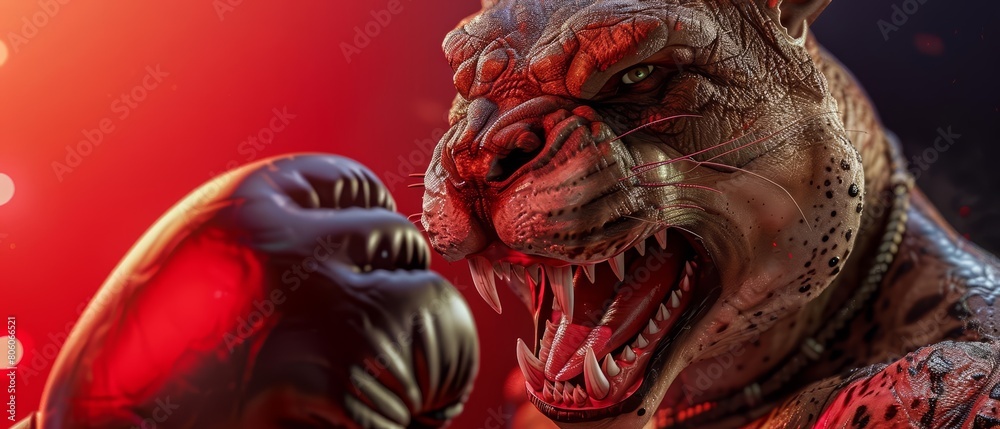 A closeup halfbody of a charismatic apex predator, outfitted as a boxer, highlighted against a gym red background, colorful strange bizarre sharpen blur background with copy space