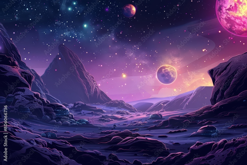 A fantastic night landscape of an unknown planet is vividly portrayed in the futuristic space banner, inspiring awe and wonder, Sharpen banner template with copy space on center A fantastic night landscape of an unknown planet is vividly portrayed in the futuristic space banner, inspiring awe and wonder, Sharpen banner template with copy space on center