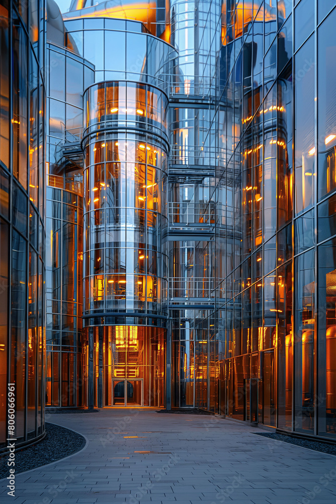 A modern hourglass of an architecture with cylindrical glass structures and stainless steel frames. transparency and metallic strength, ideal for advanced architectural and urban designs