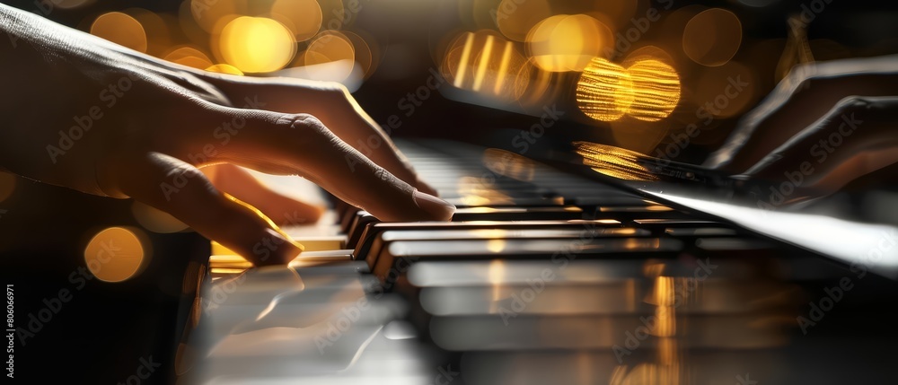 A pianists fingers dance over the keys during a concert