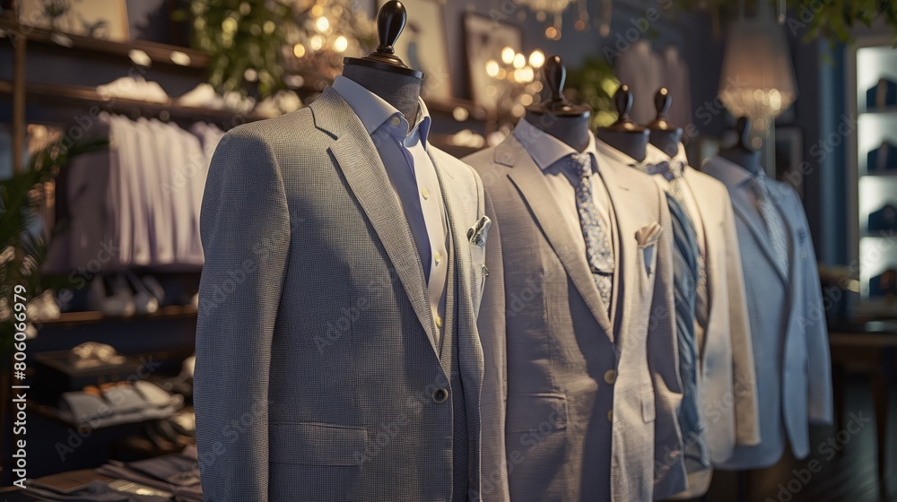 A series of seersucker suits ideal for summer weddings, displayed in a high-end fashion store with soft lighting and elegant decor. A series of seersucker suits ideal for summer weddings, displayed in a high-end fashion store with soft lighting and elegant decor.