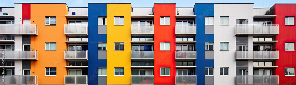 Fototapeta premium Vibrant Living: Residential Complex Building Featuring Colorful Bay Windows Exterior