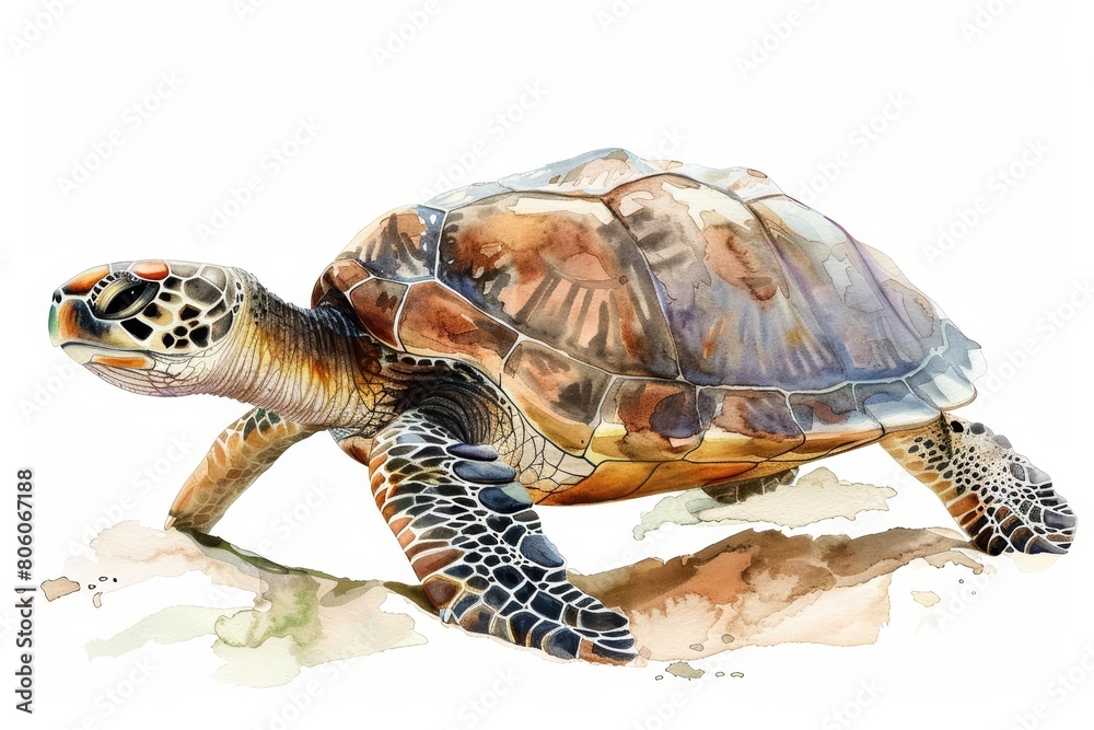 Fototapeta premium A watercolor painting of a friendly turtle slowly trekking across a sandy beach, Clipart isolated on white background