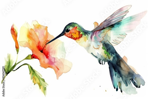 A watercolor painting of a minimalistic hummingbird sipping nectar from a flower, Clipart isolated on white background