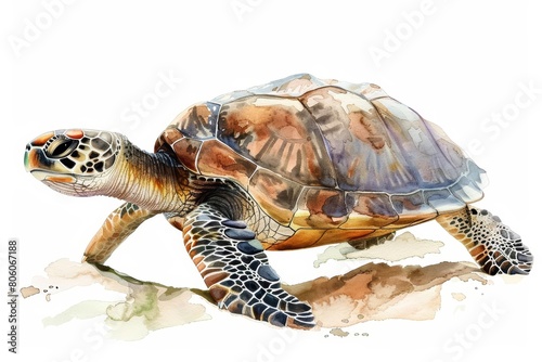 A watercolor painting of a friendly turtle slowly trekking across a sandy beach, Clipart isolated on white background