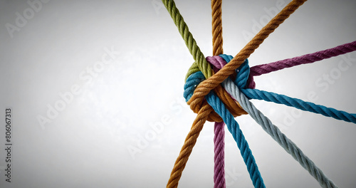 Collective Effort Integration and Unity with teamwork concept as a business metaphor for joining a partnership synergy and cohesion as diverse ropes connected together in interdependence.
 photo