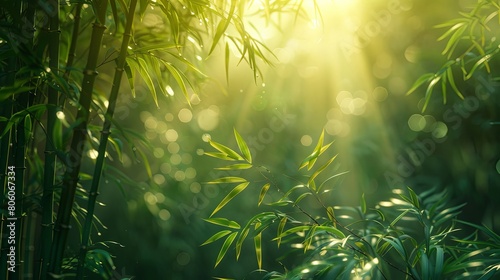 Sunrise ambiance with sunlight shining through green bamboo leaves.