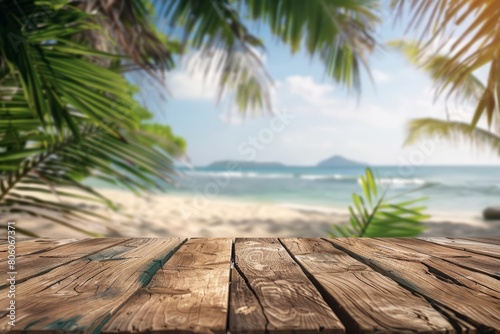 A wooden table with a view of a blur tropical beach enhances the calm  inviting a serene mood  Sharpen 3d rendering background