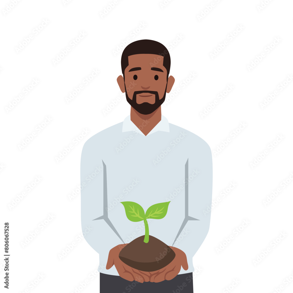 Young man holding a green sprout with handful of soil. Flat vector illustration isolated on white background Young man holding a green sprout with handful of soil. Flat vector illustration isolated on white background