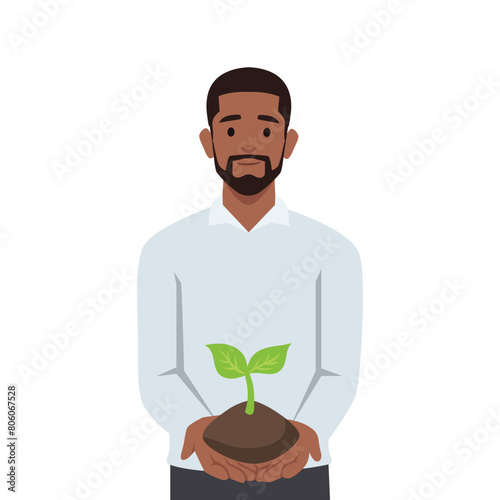 Young man holding a green sprout with handful of soil. Flat vector illustration isolated on white background