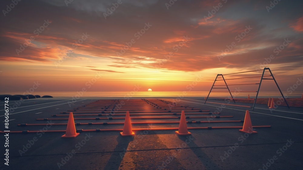 Fototapeta premium A set of agility ladders and cones set up on a flat area of a beach, ready for a high-energy bootcamp workout at dawn.