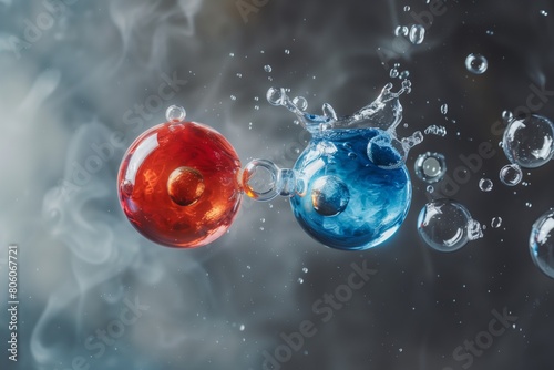 Red and Blue Liquid bubble, Molecule inside Liquid Bubble on water splash background abstract physics. Cosmetic Essence