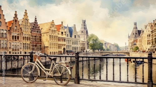 Traditionally decorated bicycle landscape with watercolor paper texture background.AI generated image