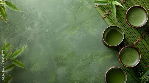 Delight in the traditional Japanese matcha tea ceremony, serene and cultural, with a solid background and copy space on center for advertise photo