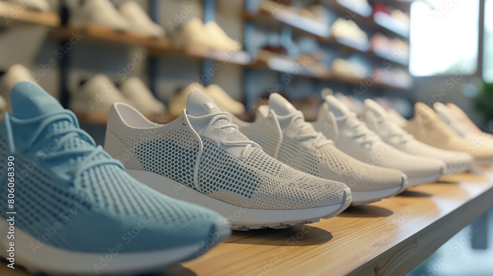 A set of casual summer footwear made from breathable mesh materials, lined up in an orderly fashion in a trendy shoe store. A set of casual summer footwear made from breathable mesh materials, lined up in an orderly fashion in a trendy shoe store.