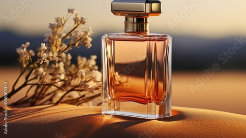 A bottle of perfume with flowers on desert