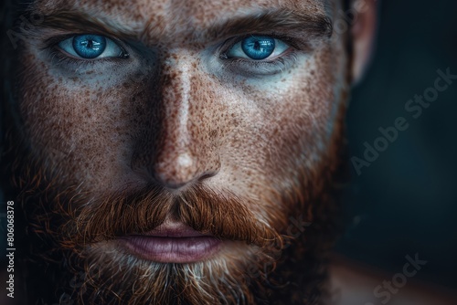 Close-up of red lush male mustache and beard with space for text or design, grooming concept