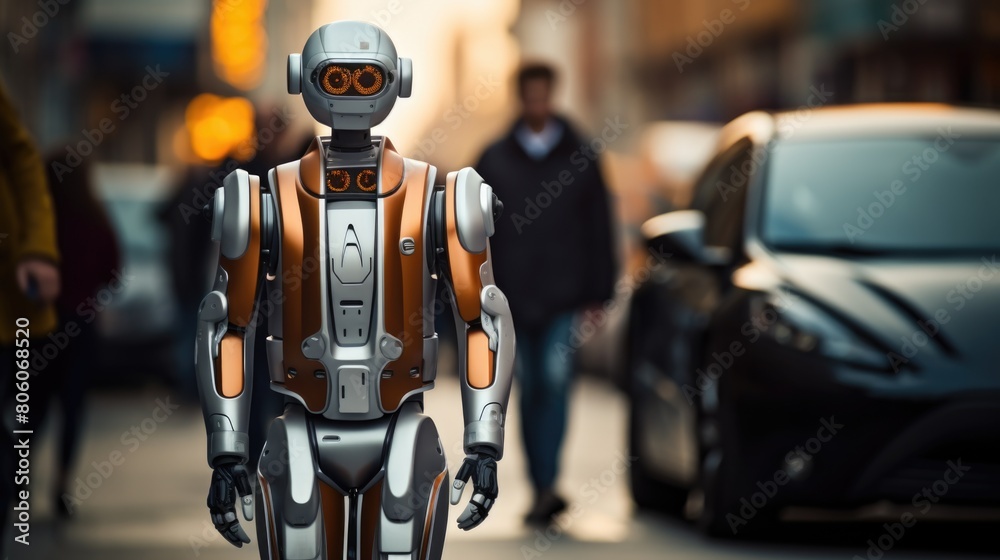 A robot walking down a street with a car A robot walking down a street with a car