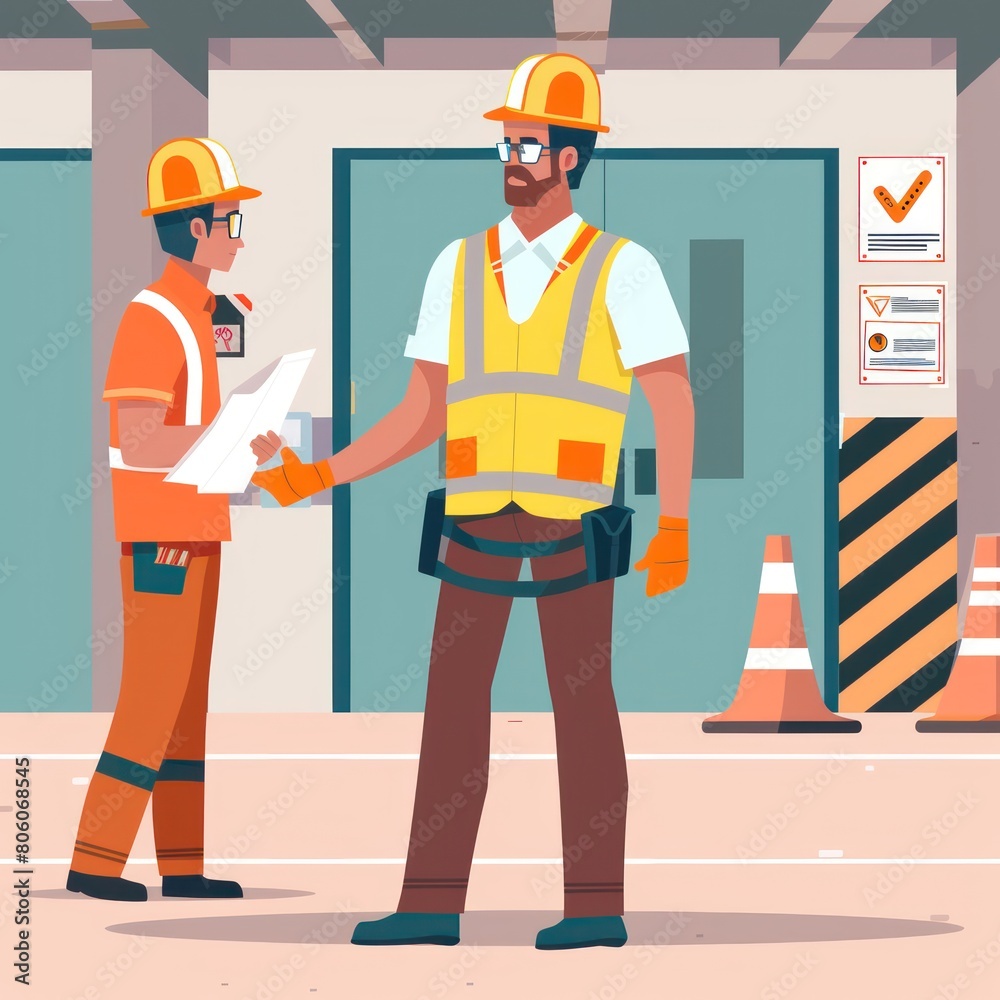Young foreman in safety jacket notes down Government occupational safety and health administration on clipboard. Flat vector illustration Young foreman in safety jacket notes down Government occupational safety and health administration on clipboard. Flat vector illustration