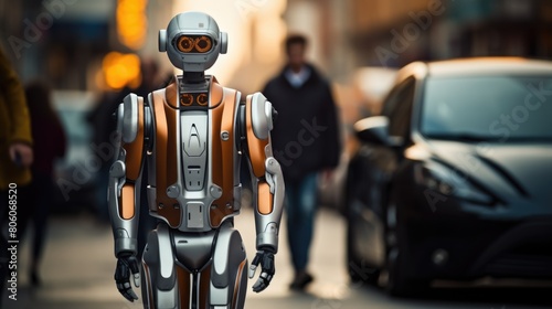 A robot walking down a street with a car © Saim Art