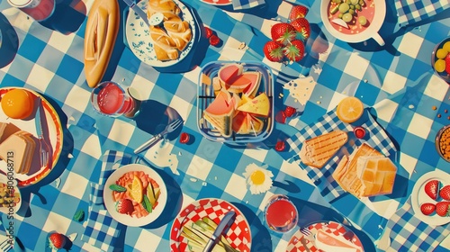 A picnic spread with tableware, fruit, and flowers on a plaid blanket. Enjoy natural foods, vegetable dishes, and a beautiful outdoor event AIG50