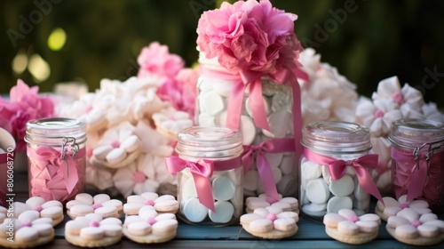 Party pack flowers and ribbons and gifts on table blurred background