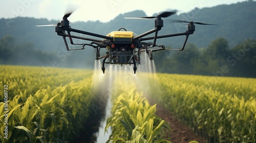 Drone UAV spraying or water fertilizer on corn fields agriculture
