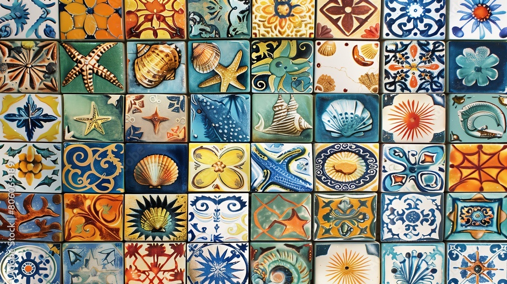 ceramic tile glossy colorful pattern sea themed, corals, shells, fish, vibrant, tile pattern, moroccan tile