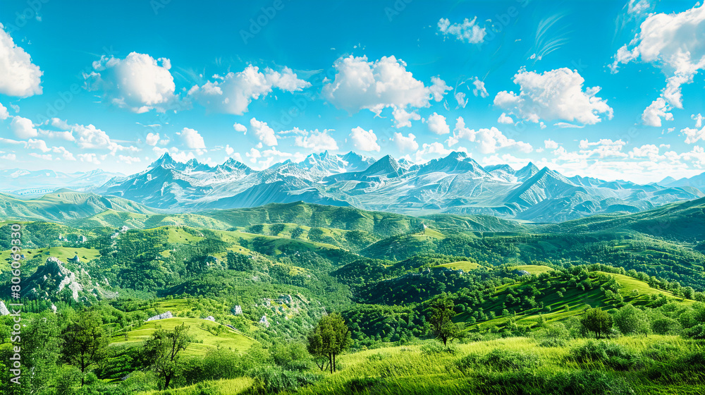 Lush Green Alpine Meadow under a Clear Blue Sky, Panoramic View of Mountains and Clouds Above
