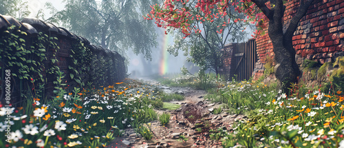 Lush Green Forest Path Bathed in Sunlight, Peaceful Morning Walk Amidst Spring Blossoms