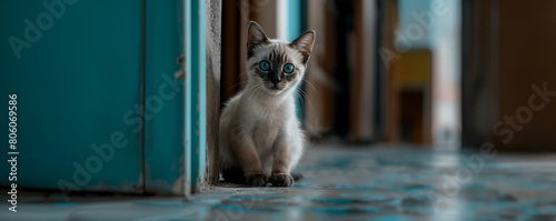 Siamese kitten waiting for its master sitting by turquoise door. Indoor photography with natural light for greeting card design.