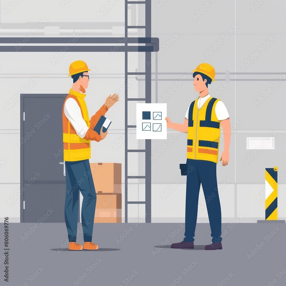 Young foreman in safety jacket notes down Government occupational safety and health administration on clipboard. Flat vector illustration Young foreman in safety jacket notes down Government occupational safety and health administration on clipboard. Flat vector illustration