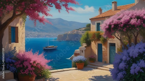 view of a sun-drenched Mediterranean coastal village