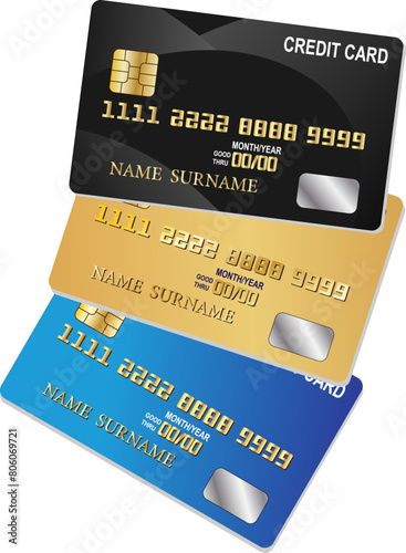 Credit card in black, gold and blue illustration