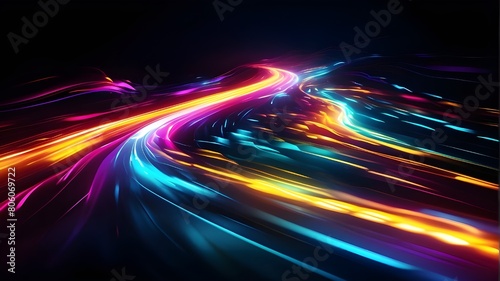 vibrant light trails with a moving picture feel. Illustration of a fast-moving light effect set against a dark background.