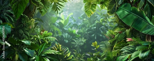 Rainforest landscape teems with lush greenery and vibrant life  Sharpen banner template with copy space on center