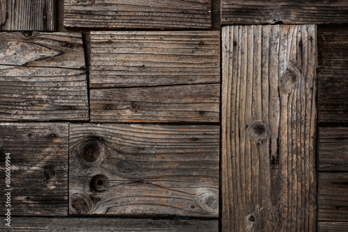 Surface of old-fashioned wooden mosaic wall.