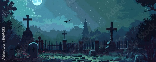 A pixel art image of a graveyard at night. The moon is full and there are bats flying around. The graveyard is surrounded by a fence and there are trees in the background.