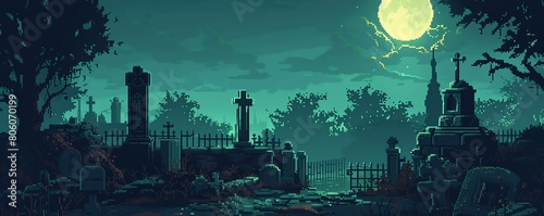A pixelated graveyard at night. The full moon is shining and there is a dark, stormy sky. Tombstones and trees are scattered throughout the graveyard. photo