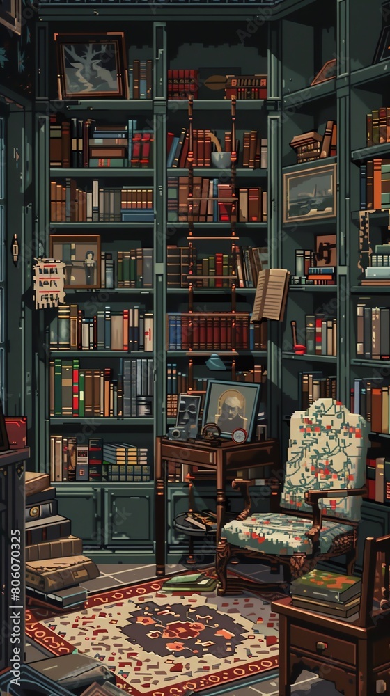 A cozy library filled with books, a comfortable chair, and a warm fireplace. Perfect for relaxing and reading a good book.
