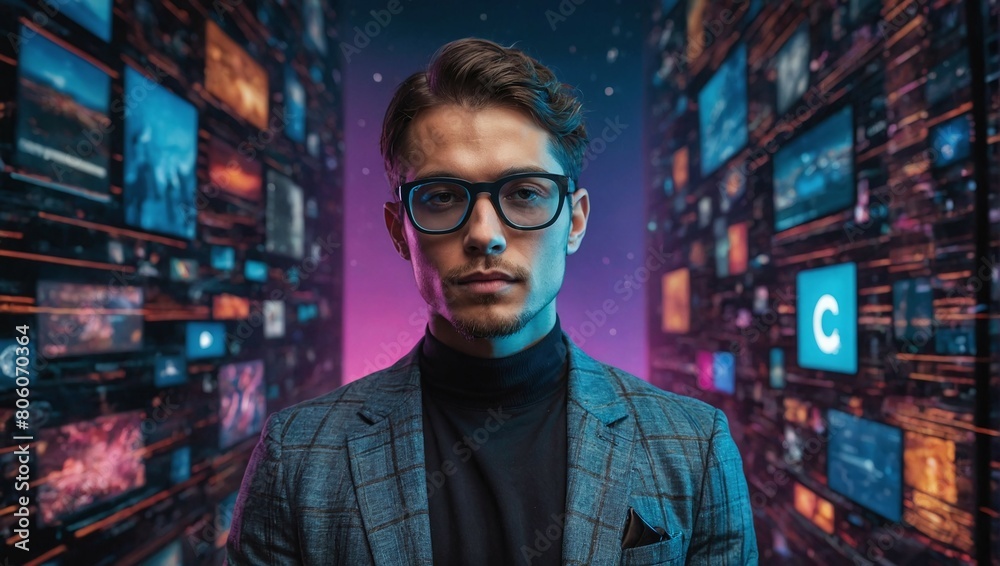 a young man in a suit and glasses in a world of video content, screens and the metaverse a young man in a suit and glasses in a world of video content, screens and the metaverse