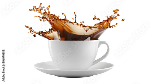 White cup of coffee splashing isolated on white background.