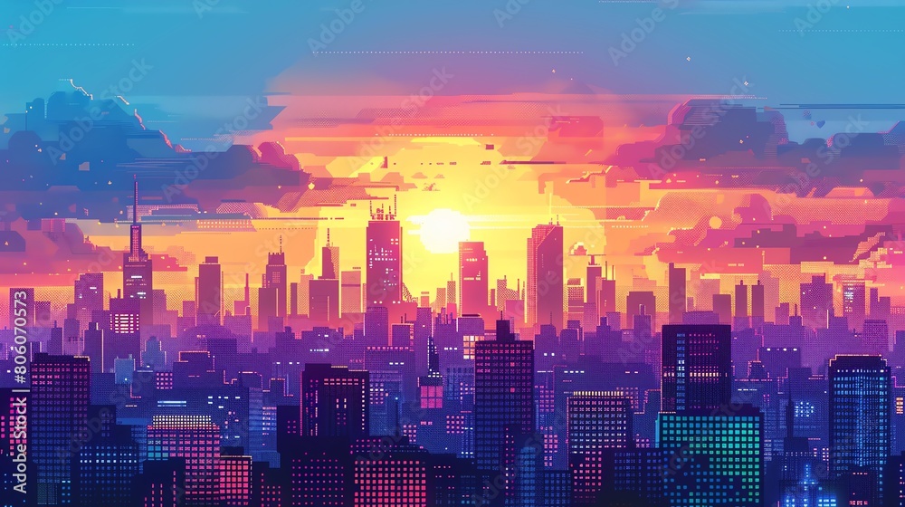 A beautiful pixel art illustration of a cityscape at sunset