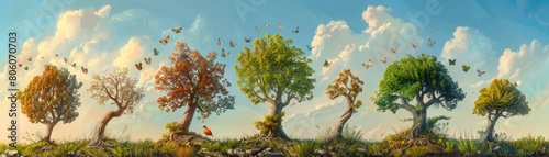 Depict the life cycle of a tree from seed to towering giant