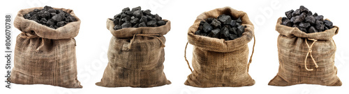 Coal, burlap sack, transparent background, png set photo