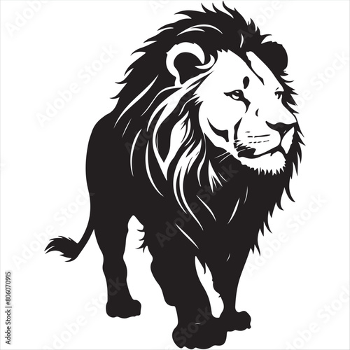 a black and white drawing of a lion with a white stripe. © Ja