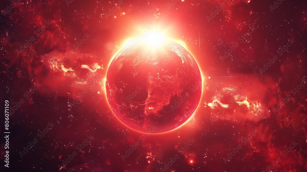 Obraz premium The glowing epic red sun with light in space dazzles on the futuristic space banner, symbolizing energy and power, Sharpen banner template with copy space on center