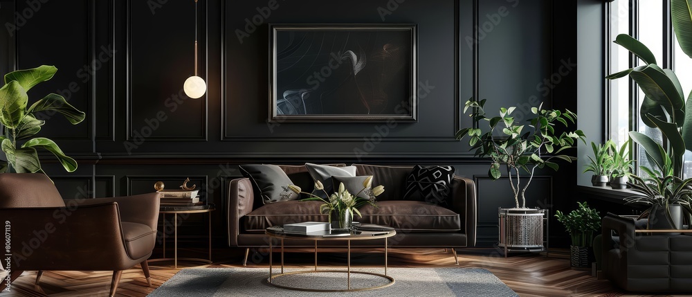 The interior of a living room gains depth with a 3D Mockup frame featuring dark, rich colors, 3D render sharpen