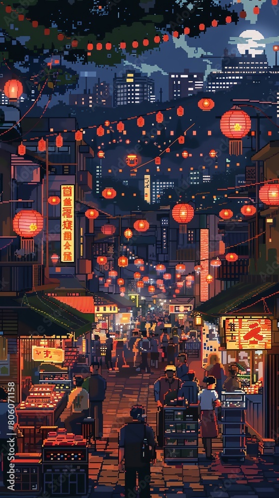 A bustling Asian night market with people walking around and shopping. The market is lit up by red lanterns and there are various shops and stalls selling different items.