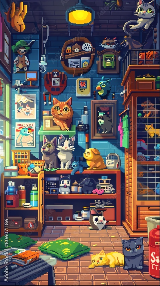 Fototapeta premium A pixel art image of a room filled with cats and other animals
